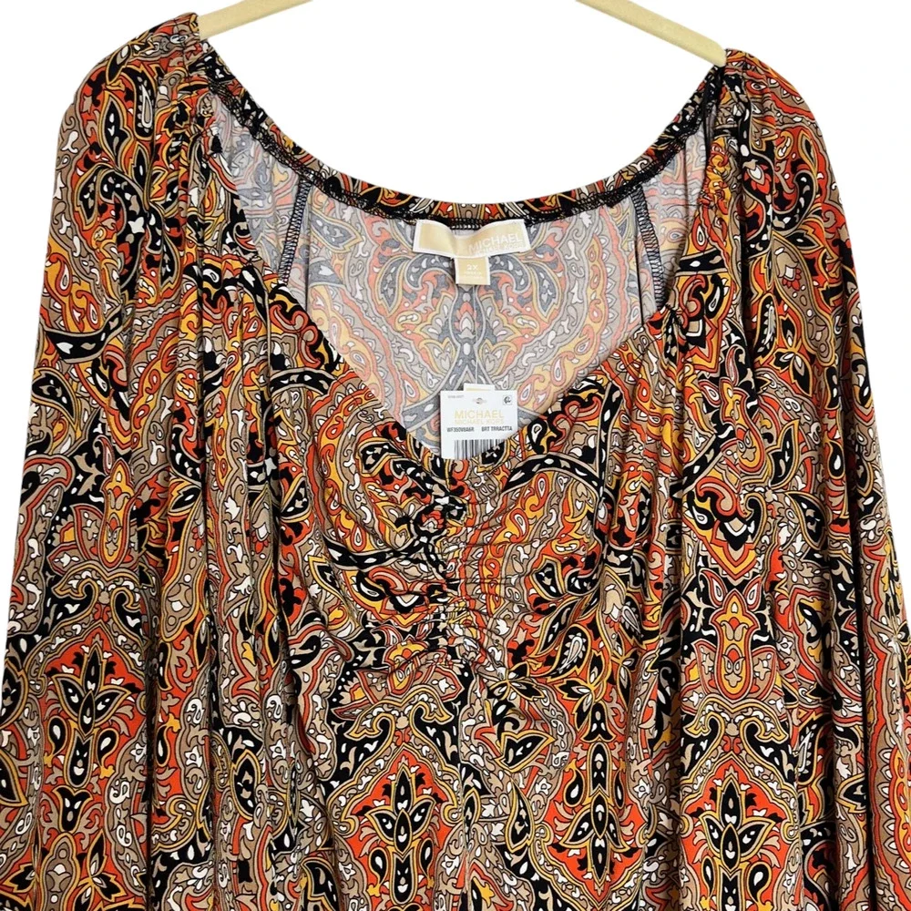 Michael Michael Kors Womens Paisley Ruched Top 2X Orange Black Autumn NEW $88